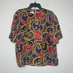 DG Studio Womens Size Large Silk Boxy Top Blouse Vintage Patterned Short Sleeves